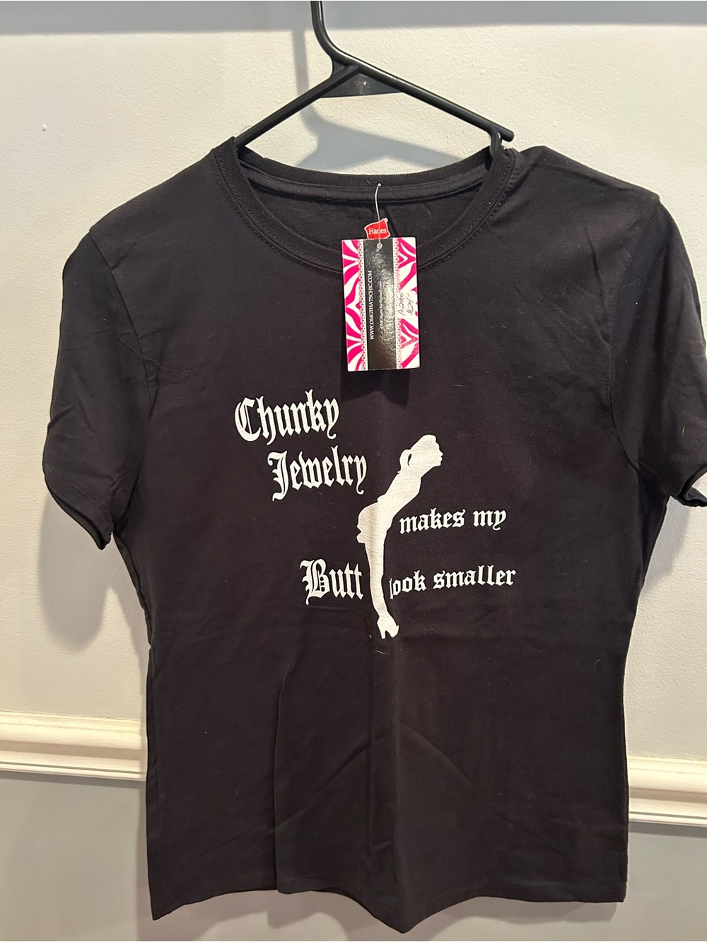 Black Graphic Tee with White Script and Silhouette - Women Tops